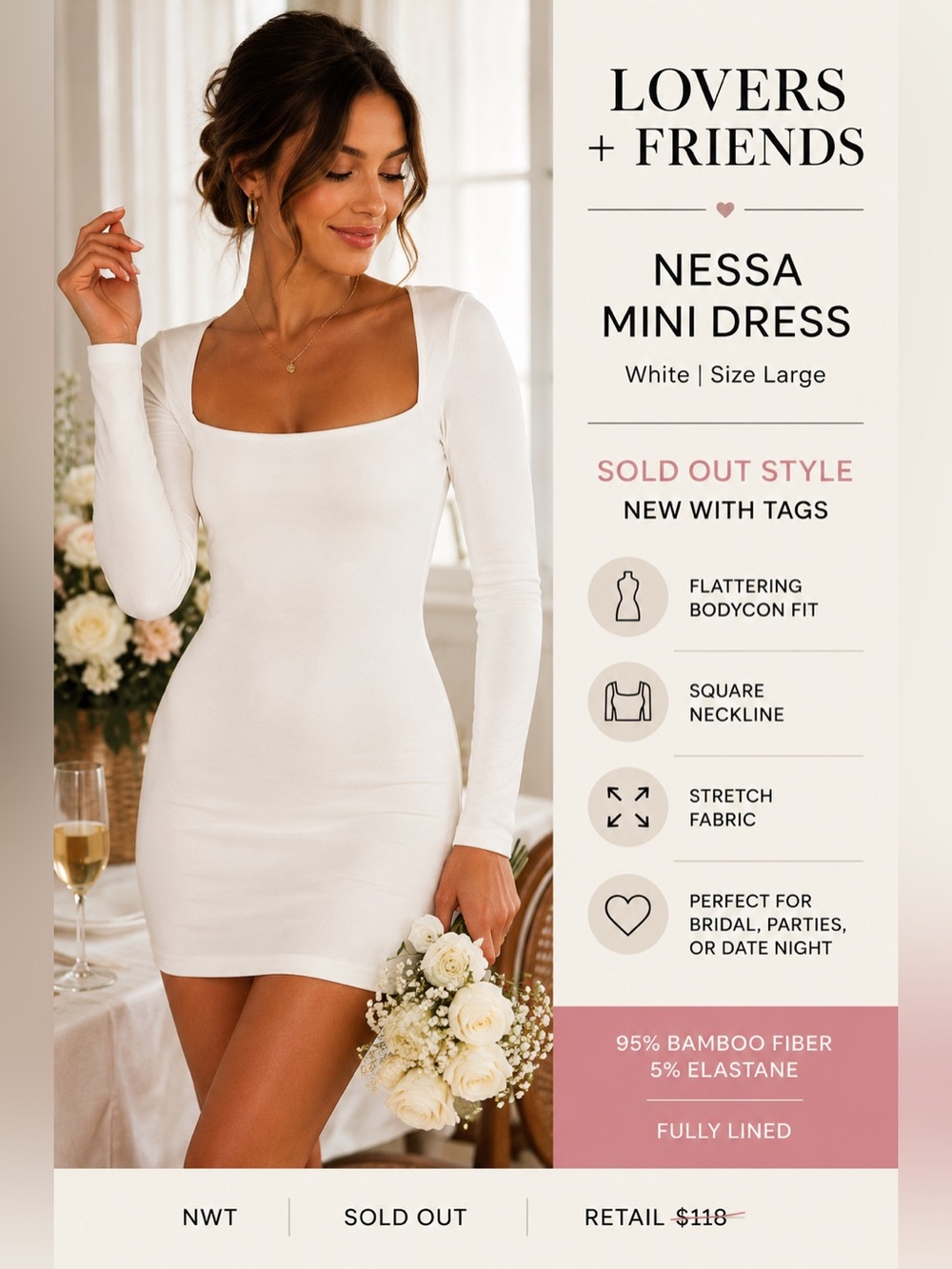 NWOT Lovers + Friends Nessa Mini Dress White Bodycon Square Neck Long Sleeve L